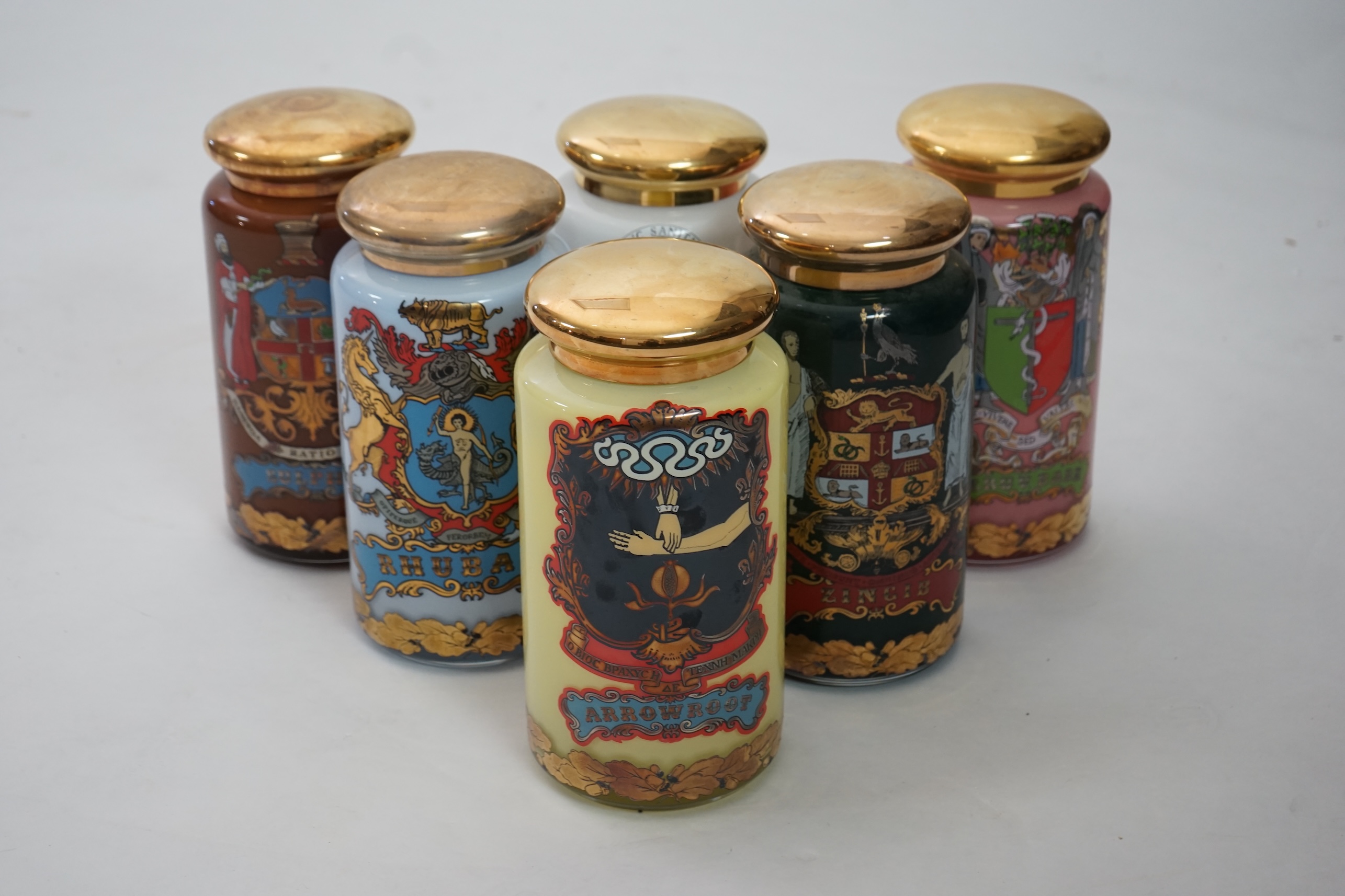 A set of six enamelled and gilt Specie jars, made for the National Pharmaceutical Association by Carlyle Fine Collections and designed by S. Wheaton, c.1990